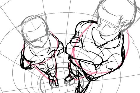 Overhead Drawing Reference, How To Draw Overhead Perspective, Perspective Drawing Person Reference, Top View Perspective Reference, Up To Down Perspective Drawing, Art In Perspective, Fisheye Pose Reference Drawing, Two People Perspective Reference, Perspective Drawing Reference People