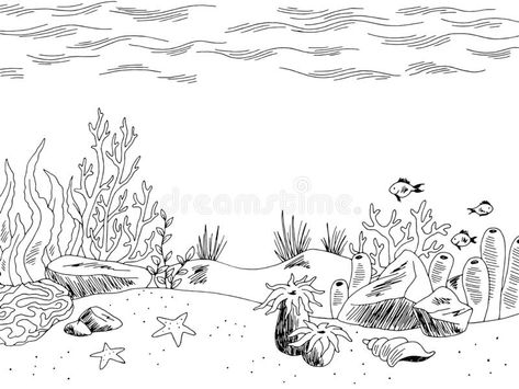 Underwater graphic sea black white sketch illustration vector vector illustration Under The Sea Drawings, Coral Reef Drawing, Under The Sea Background, Underwater Drawing, Underwater Cartoon, Ocean Drawing, Sea Drawing, Sea Illustration, Underwater Art