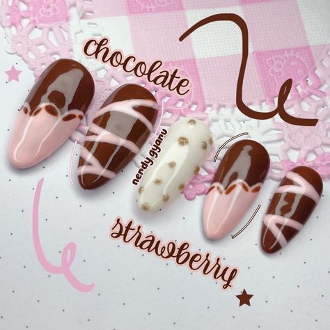 Strawberry Nail, Pretty Gel Nails, Really Cute Nails, Chocolate Strawberry, Kawaii Nails, Pink Nail, Cat Kuku, Mock Ups, Cute Nail Designs