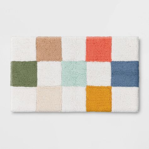 Bring a pop of color to their bath space with this Checkered Bath Rug from Pillowfort™. This medium-pile bath rug is made from 100% tufted cotton fabric to feel soft and provide cozy comfort underfoot. Showcasing a multicolor checkered print, it's sure to add fun style to their bathroom decor. Apt Bathroom Decor, Funky Bath Mat, Checkered Bathroom Decor, Checkered Bath Mat, Kids Bathroom Inspiration, Guest Kids Bathroom Ideas, Boys Bathroom Ideas Kid Decor, Baby Boy Bathroom Ideas, Toddler Boy Bathroom Ideas