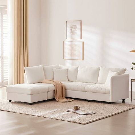 Linen L-shape Sectional Sofa w/ Ottoman, Vertical Stripes Modular Sofa - On Sale - Bed Bath & Beyond - 40203082 Modern Sectional Sofa, White Sectional, Couch With Ottoman, Fabric Sectional Sofas, Modern Sofa Sectional, Couch Set, Inspire Me Home Decor, Fabric Sectional, Sectional Sofa Couch