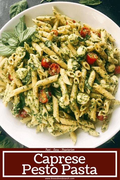 Pesto Caprese Penne Pasta Vegetarian Sweet Potato Recipes, Simple Italian Pasta, Mediterranean Vegetarian Recipes, Penne Pesto, Sweet Potato Vegetarian, Pasta With Cherry Tomatoes, Italian Pasta Recipe, Fresh Basil Pesto, Basil Pesto Pasta