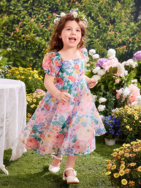 Organza Frocks For Kids, Floral Print Frock, Frock Designs For Girl, Cotton Frocks For Kids, Organza Overlay, Frocks For Kids, Simple Frock Design, Long Gown Design, Shein Kids