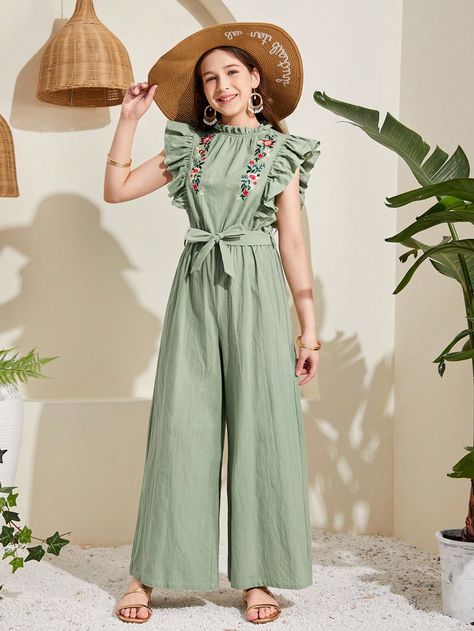 Green Boho Collar Sleeveless Woven Fabric Floral Shirt Embellished Non-Stretch  Teen Girls Clothing Embroidered Jumpsuit, Stylish Hoodies, Kids Fashion Dress, Smart Outfit, Kids Fashion Clothes, Stylish Dress Book, Easy Trendy Outfits, Floral Jumpsuit