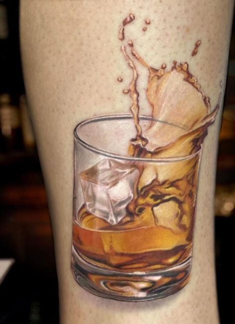 Whiskey Tattoo Jack Daniels Tattoo, Whiskey Tattoo, Tattoo Bottle, Wine Glass Tattoo, Wine Tattoo, Tatoo 3d, Tato Paha, Glasses Tattoo, Old Fashioned Drink