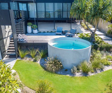 Plunge pool ideas: 11 compact designs for small backyards | Above Ground Pool Deck Ideas, Modern Water Feature, Above Ground Pool Deck, Pool Deck Plans, Best Above Ground Pool, Pool Deck Ideas, Hillside Garden, Above Ground Pools, Stock Tank Pool