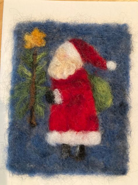 Christmas Needle Felting Pictures, Needle Felted Christmas Pictures, Needle Felted Cards, Needle Felted Christmas Cards, Needle Felt Ideas, Felted Cards, Fabric Christmas Cards, Felted Pictures, Easy Felt Crafts