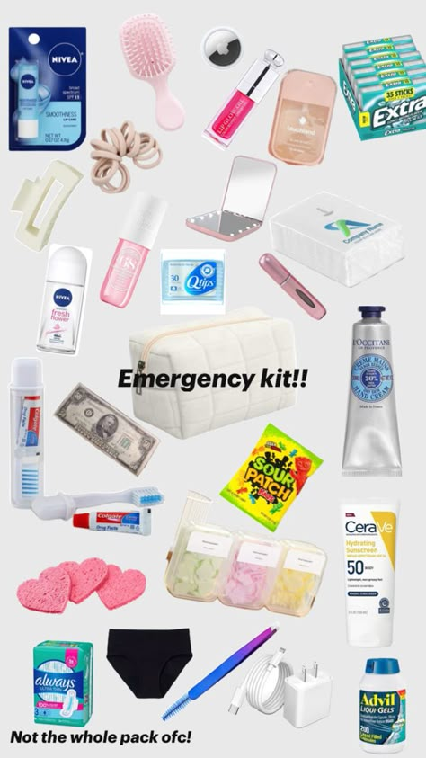 Emergency kit for school (more for girls) deodorant,mini toothpaste and mini toothbrush ,snack,hand cream, sol de Janeiro 68 body mist, small reusable perfume filled bottle, hand tissue, touch land hand sanitizer,eyebrow tweezers and brush (they come together) small sunscreen, soap papers, gum,mini mirror and hair brush,hair clips and ties, period panties and pads (if you want tampon), deodorant, extra money, chapstick and lip oil,cleansing pads,advil,phone charger, that’s it!! Needs For School, Kit For School, Middle School Essentials, School Emergency Kit, School Backpack Essentials, School Bag Essentials, Backpack Essentials, School Kit, High School Advice