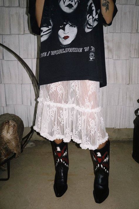 Sheer Fall Outfit, Lace Sheer Skirt, White Boots Styling, White Sheer Skirt Outfit, Cowboy Boots Outfit Grunge, Lace Skirt Cowboy Boots, How To Style A Lace Skirt, White Skirt Cowboy Boots Outfit, Sheer White Skirt Outfit