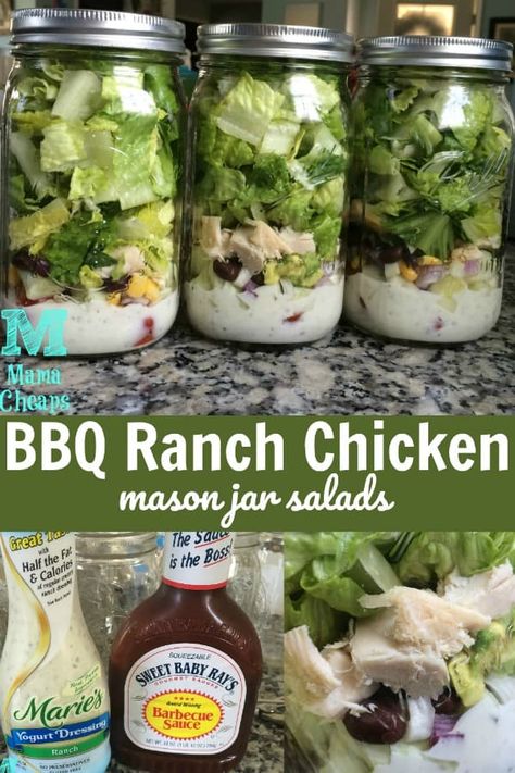 BBQ Ranch Chicken Mason Jar Salads | Mama Cheaps® Mason Jar Lunch Ideas Make Ahead, Salad Recipes Mason Jar, Grinder Salad Sub In Mason Jar, Mason Jar Chicken Ceasar Salad, Mason Jar Salad Meal Prep, Upside Down Salad Jar, Ball Jar Salads, Mason Jar Cobb Salad, Mason Jar Salads For A Week Meal Prep