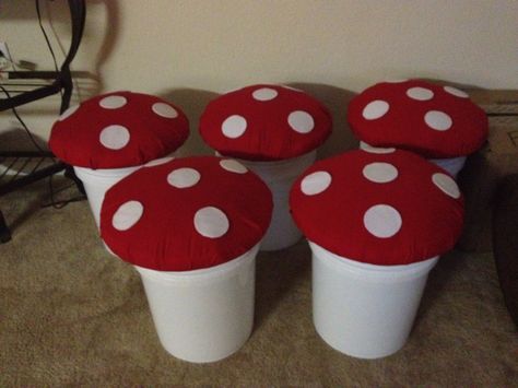 Mushroom seats for a Smurf themed classroom. Enchanted Forest Mushrooms Diy, Worm Classroom Decor, Forest Daycare Theme, Enchanted Garden Classroom Theme, Forest Themed Classroom Ideas, Woodland Themed Classroom, Mushroom Classroom Decoration, Garden Theme Classroom Decorations, Garden Classroom Theme Decor