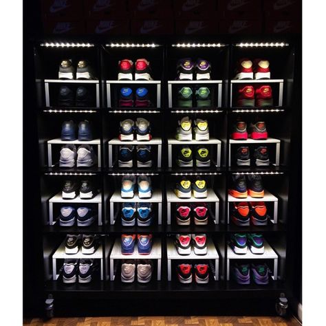 Materials: Dioder LEDs, Expedit bookcase, Kallax wheels, Variera shelfs I decided to display my sneakers using all IKEA products. I manage to rack up a few pairs and was running out of room to store. Using an Expedit bookcase already on hand, purchased in the “As Is” section, and a few other IKEA items managed … Shoes Organizer Ideas, Sneaker Rack, Ikea Shoe Storage, Shoe Storage Hacks, Sneaker Closet, Sneakerhead Room, Ikea Shoe, Sneaker Displays, Shoes Organizer