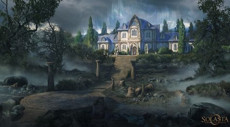 ArtStation - Solasta Crown of the Magister : Illusory mansion, Karine Villette Mansion Fantasy Art, Fantasy Mansion Concept Art, Fantasy Mansion Art, Dnd Fae, Mansion Concept Art, Dnd Village, Fantasy Mansion, Mansion Art, Mystery Story