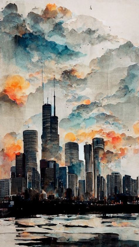 Chicago Skyline Painting, Chicago Painting, City Scape Painting, Skyline Drawing, Cityscape Drawing, Skyline Artwork, Watercolor City, Skyline Painting, Watercolor Art Paintings