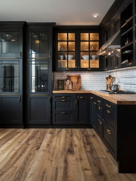 Modern Black Kitchen, Dark Home Decor, Decor Baie, Black Kitchen Cabinets, Kitchen Design Decor, Kitchen Redo, Kitchen Remodel Idea, Black Kitchens, Küchen Design