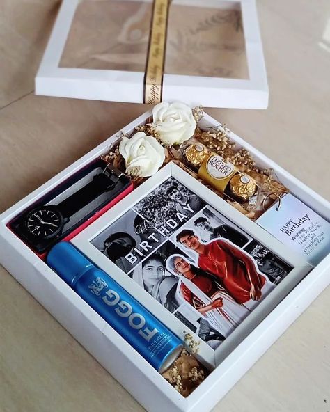 Birthday gift box✨ Includes: Photo Frame Watch Ferrero Rocher Perfume Ring Album(27photos) Wish card DM for Orders @crafting_with_zana All India Delivery Available ✅ Birthday box | Birthday hamper | Customised gifts #birthdaygift#customization#reelskeralagram#photochocolate#photomug#customizedgifts#birthdayhamperbox#fyp Frame Packing Ideas, Perfume Birthday Gift, Box Gift Ideas, Birthday Wishes For Lover, Birthday Hamper, Birthday Hampers, Birthday Collage, Diy Birthday Gifts For Friends, Wish Card