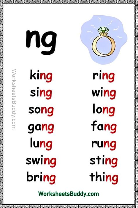 NG Word Family Worksheets For Kindergarten Cvs Words Worksheet, Ng Words Worksheets, Ng Words, Oa Words, Letter W Activities, Pattern Worksheets For Kindergarten, Learn Phonics, Word Family List, Counting Worksheets For Kindergarten