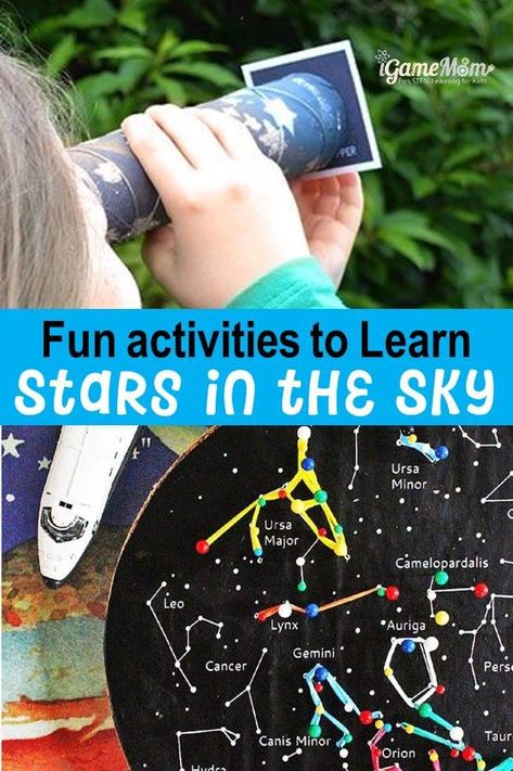 Fun activities to learn stars planets constellations in the sky, from preschool to school age. STEM activity idea for summer night stargazing party science club. Space Stem Activities Middle School, Stars And Constellations Activities, Stem Night Activities Elementary, Stem Night Activities, Stargazing Party, Universe Activities, Stem Room, Constellation Activities, Stem Night