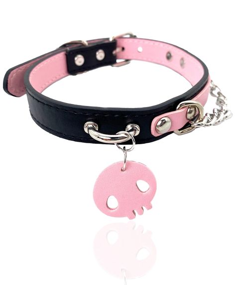 PRICES MAY VARY. 【Unique Women's Accessory】: Our PU leather choker collar is designed specifically for fashionable women, blending personality with elegance. The perfect fusion of black outer and pink inner rings showcases a blend of sweetness and avant-garde, while the adorable skull pendant adds a hint of spicy charm, making it an ideal choice to showcase women's individuality. 【High-Quality Materials】: Crafted from premium PU leather, This women choker collar necklace ensures both comfort and Black And Pink Gothic Outfit, Kitten Collar Choker, Black Pink Accessories, Yami Kawaii Accessories, Pink And Black Accessories, Pastel Goth Accessories, Human Collar, Chokers Aesthetic, Cute Chokers