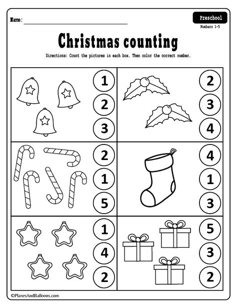 Free Christmas counting worksheets for preschool - counting numbers 1-5 and 1-10. Perfect for December math centers! #prek #preschool #christmas #planesandballoons Counting Christmas Activities, Christmas Tree Math Preschool, Christmas Math Ideas For Preschool, Pre K Christmas Worksheets Free, Preschool Worksheets Christmas, Santa Math Activities Preschool, Holiday Math Activities Preschool, Christmas Counting Worksheet, Christmas Math For Preschool