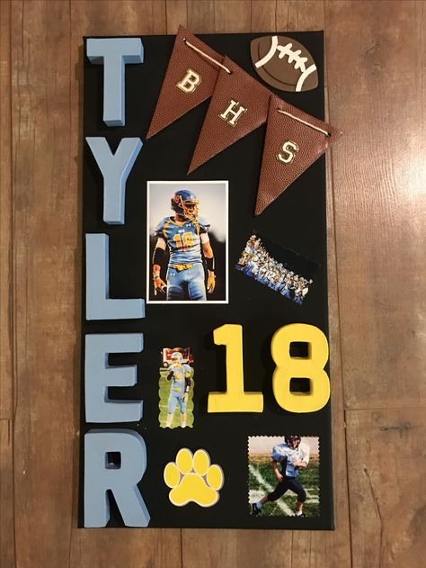 Locker Decorations For Football, Senior Gifts Football Players, Varsity Football Locker Decorations, Senior Posters Football, Football Posters Senior Night, Senior Night Poster Ideas Football, Senior Football Boards, Senior Football Locker Decorations, Football Senior Night Posters Ideas