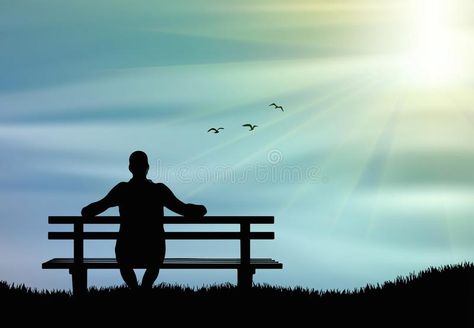 Man silhouette sitting alone on the bench at sunset and thinking stock illustration People Sitting On Bench, Sitting Illustration, Bench Drawing, Ffa Ideas, Black Paintings, Illustration Of People, Person Silhouette, Man Silhouette, 2pac Quotes