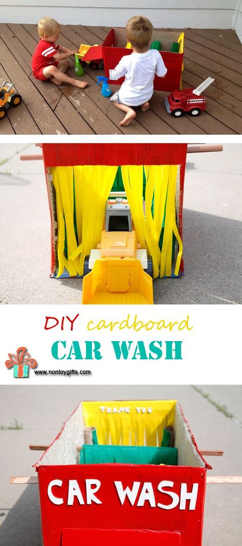 DIY cardboard car wash. See how to make it waterproof so kids can actually play with water. #kids #cardboard #carwash Diy Cardboard Car, Toy Car Wash, Diy Car Wash, Diy Outdoor Toys, Diy Toys Car, Diy Karton, Diy Cardboard Toys, Outdoor Toys For Toddlers, Cardboard Car