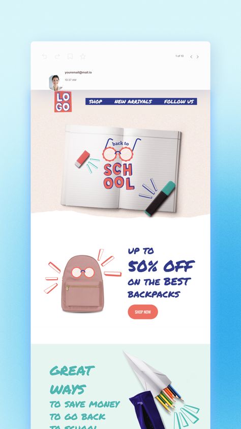 Light blue background with an image of a back to school email template showing discounts on popular products, including backpacks, and other supplies. School Ads, Free Email Templates, Sale Email, Back To School Special, Bee Free, Back To School Sale, Sale Emails, Back To School Sales, Email Template