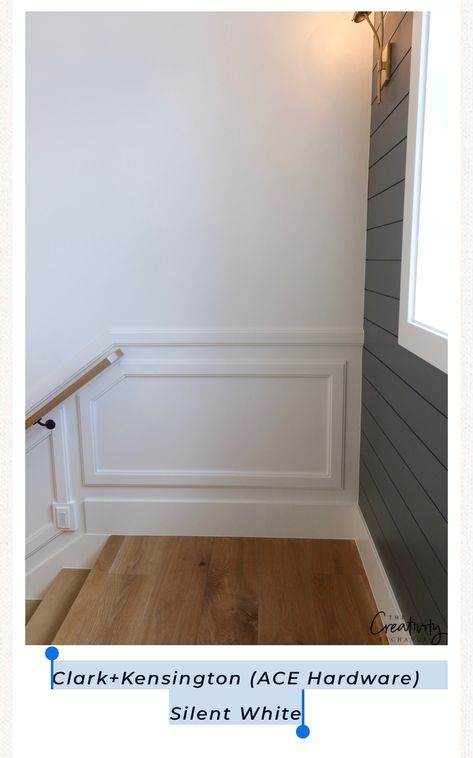 Clark+Kensington (ACE Hardware) Silent White Modern Farmhouse Molding, Millhaven Homes, Painted Wainscoting, Wainscoting Bedroom, Brick Accent Walls, Dining Room Wainscoting, Wainscoting Styles, Diy Wainscoting, Paint Palettes