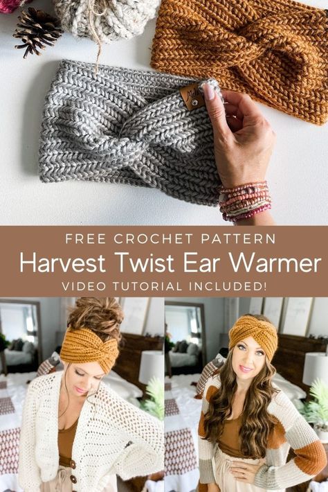 Harvest Twist Ear Warmer, Twist Ear Warmer, Video Crochet Pattern, Twisted Headband Pattern Crochet, Crochet Twist Ear Warmer, Very Easy Beginner Crochet, Ear Warmer Sewing Pattern, Twist Ear Warmer Crochet Pattern, Crochet Easy Headband