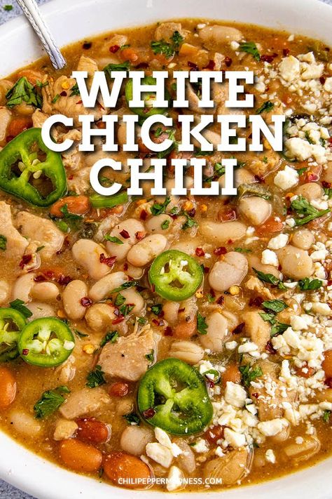 Instapot White Chicken Chili, Chicken Chili Cream Cheese, White Chicken Chili Cream Cheese, Easy White Bean Chicken Chili Recipe, Easy White Bean Chicken Chili, Chicken Chili White, White Bean Chicken Chili Recipe, Spicy Chicken Chili, White Chicken Chili Recipe Crockpot