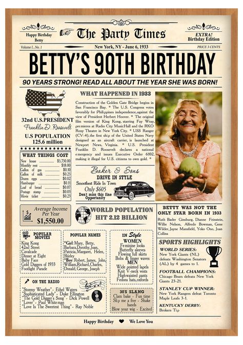 PRICES MAY VARY. Title: Personalized 90th Birthday Gifts, Decorations Party For Women, Men, Him, Her, Dad, Mom, Grandma, Grandpa - Custom Vintage Newspaper Poster Décor with Name. Product Type: Categories > Wall Art > Posters & Prints 90 Th Birthday Party Ideas Centerpieces, 90 Birthday Party Ideas Decoration, 90th Birthday Ideas, 90th Birthday Party Ideas, 90th Birthday Party Decorations, 90 Birthday, 90th Birthday Decorations, 90th Birthday Party, Newspaper Poster