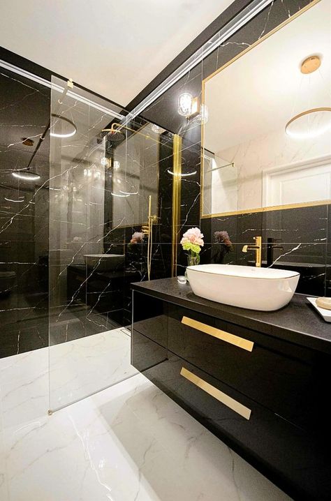 Bathroom Ideas Gold, Black And Gold Bathroom Vanity, Gold Bathroom Ideas, Bathroom Vanity Black, Gold Bathroom Fixtures, Bathroom Decor Modern Luxury, Gold Bathroom Vanity, Black Tile Bathrooms, Bathroom Gold