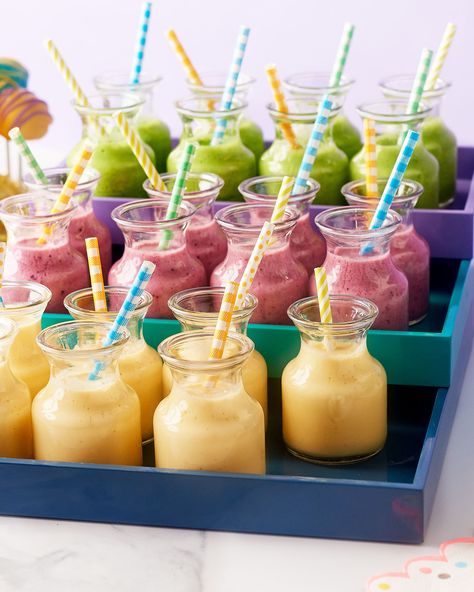 Recipe: Kids' Smoothie Tower | green smoothie recipe, berry smoothie, Greek yogurt recipe ideas, tropical smoothie, kids birthday party, party food, brunch party Kids Drinks Party, Smoothie Party, Birthday Breakfast Party, Smoothie Recipies, Kids Brunch, Smoothie Shop, Kids Cafe, Party Dessert Table, Smoothie Bar