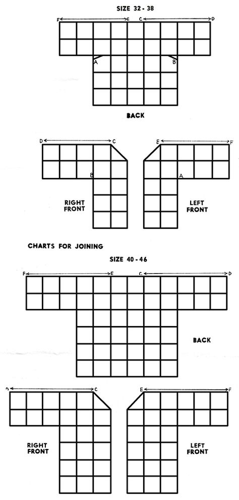 Crocheted Jacket Pattern #551 charts Crochet Square Jacket Pattern, Crochet Sweater Template, Crochet Blazer Pattern Free, Crocheted Jacket, Chain Size Chart, Crochet Blanket Sizes, Squared Clothes, Crochet Jacket Pattern, Granny Square Sweater