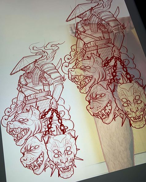 Here is my first mock up idea for @brightontattoocon for my bro @iamblakebishop , samurai with three headed dog and two swords ⚔️ as one is… Three Headed Dog Tattoo, Budist Tattoo, Three Headed Dog, Two Swords, Hourglass Tattoo, Samurai Tattoo Design, Demon Tattoo, Alien Tattoo, Mermaid Painting