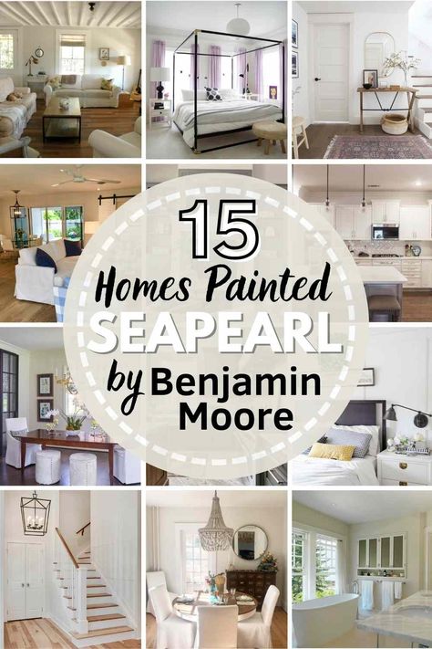 Benjamin Moore Seapearl (OC-19) is a warm off-white paint color with light gray undertones. Learn all about it + see it in 15 REAL homes to see if you love it! #seapearl #benjaminmoore #benjaminmooreseapearl #benmooreseapearl #seapearllivingroom #seapearlbedroom #seapearlbathroom #seapearlkitchen Benjamin Moore Whole House Paint Colors, Warm Benjamin Moore Paint Colors, Benjamin Moore Off White Colors, White Down Benjamin Moore, Benjamin Moore Bedroom Paint Colors, Bedroom Colors Benjamin Moore, Seapearl Benjamin Moore, Benjamin Moore Seapearl, Basement Color