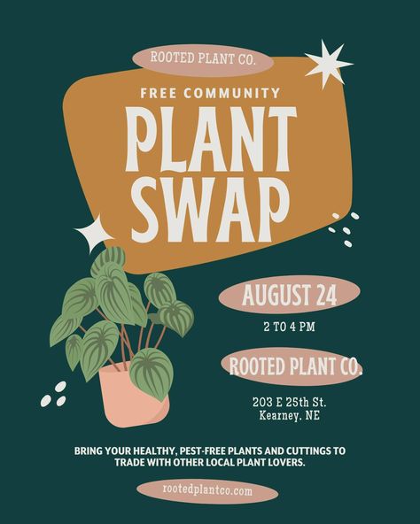 Join us for our first community Plant Swap at Rooted Plant Co. this Saturday, August 24th, from 2 to 4 pm! This free event is the perfect opportunity for plant enthusiasts to expand their collection and share their love of plants with the community. How It Works: -Healthy Plants Only: All plants must be pest-free and in good health to ensure a successful swap for everyone. This swap is for houseplants and succulents exclusively. Please no perennial/annual/landscape plants. - Ticket System: T... Plant Swap Party Ideas, Swap Party Ideas, Plant Swap, Swap Party, Landscape Plants, Free Plants, Free Event, 4 Pm, Landscaping Plants