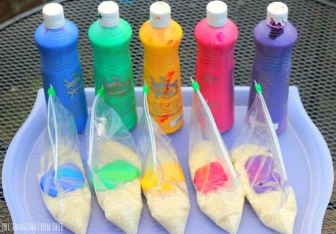 Easiest Way to Dye Rice for Sensory Play - The Imagination Tree How To Color Sand Diy, Dye Rice, Maluchy Montessori, Imagination Tree, Sensory Bags, Baby Sensory Play, Sensory Activities Toddlers, Nursery Activities, Colored Rice