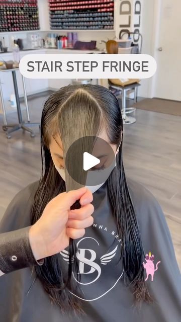 Stair Haircuts, Hair Color For Bangs, Curtain Bangs Long Hair Diy, Thin Front Bangs, Step Cut With Curtain Bangs, Selena Gomez Bangs Fringes, How To Cut A Fringe At Home, How To Cut Long Bangs At Home, How To Face Frame Your Own Hair