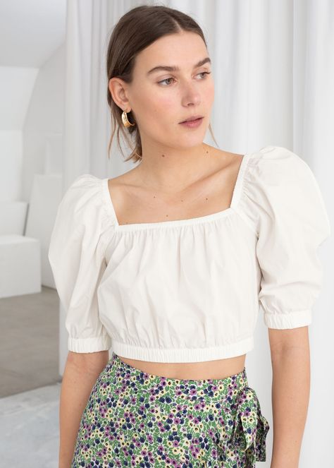 Puff Sleeve Cotton Crop Top - White - Tops - & Other Stories Midi Wrap Skirt, Linen Fashion, Cotton Crop Top, White Long Sleeve Dress, Diy Sewing Clothes, Lace Up Sandals, White Crop, Puff Sleeve Top, Fashion Story