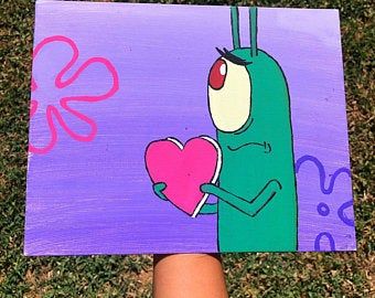 plankton with heart painting Plankton Heart Painting, Plankton Canvas Painting, Plankton Heart, Plankton Painting, 90s Cartoon Canvas Painting, Cartoon Paintings Easy, Disney Canvas Paintings, Cartoon Paintings, Oil Pastel Drawings Easy