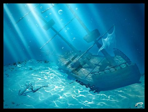 Sunken Ship Drawing, Underwater Shipwreck, Underwater Drawing, Sunken Boats, Sunken Ships, Ship Silhouette, Sunken Ship, Ocean Drawing, Mermaid Bedroom