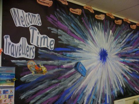 Time Travel Summer Camp Theme, Time Travel Theme Ideas, Time Travel Party Decorations, Time Travel Decorations Vbs, Time Travel Decorations, Diy Christmas Presents For Mom, Travel Bulletin Boards, Travel Theme Classroom, Time Travel Machine