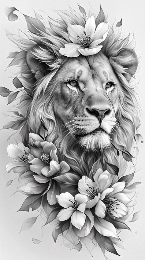 Lion Tattoo Female, Realism Tattoo Animal, Lion And Flowers Tattoo Design, Doves Tattoo Design, Lion Floral Tattoo, Lion Line Tattoo, Lion Lamb Tattoo, Cowboy Tattoo Ideas, Leones Tattoo