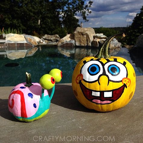 Spongebob Pumpkin, Pumpkin Ideas For Kids, Painted Pumpkin Ideas, Creative Pumpkin Painting, Creative Pumpkin Decorating, Character Pumpkins, Pumpkin Decorating Contest, No Carve Pumpkin Decorating, Pumpkin Contest