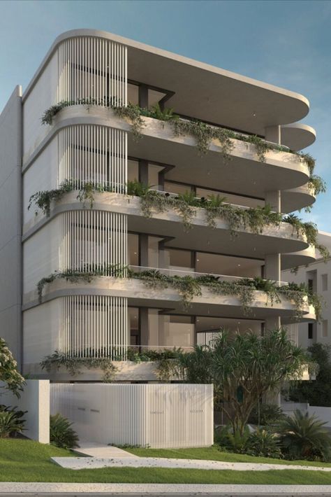 Midrise Residential Building, Apartment Design Ideas Exterior, Beautiful Apartment Buildings, Residential Building Facade Design, Facade Architecture Design Buildings, Apartment Facade Design Architecture, Greenery Building, Hotel Building Architecture, Architecture Elevation Design