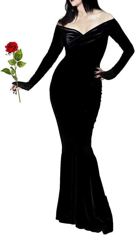 Morticia Wednesday, Morticia Addams Dress, Addams Family Halloween Costumes, Morticia Addams Costume, Long Sleeve Mermaid Dress, Off Shoulder Cocktail Dress, Addams Family Wednesday, Robes D'occasion, Morticia Addams