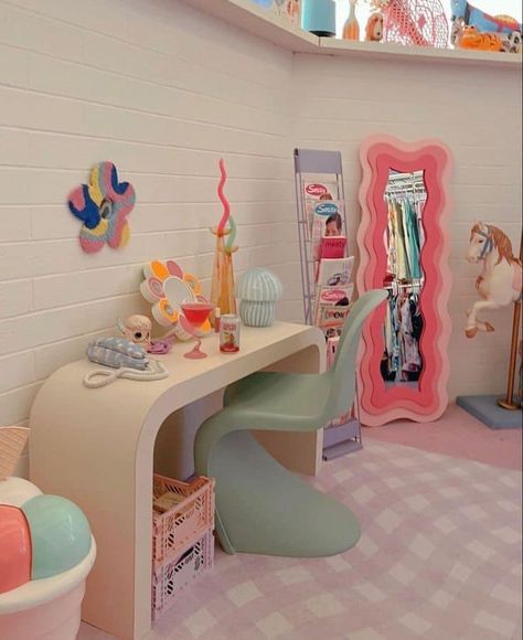 Bookshelf Studio Apartment, Funky Pastel Bedroom, Pastel Floating Shelves, Pastel Room Furniture, Wall Desk Bedroom, Pastel Furniture Bedroom, Barbie Core Aesthetic Room, Pastel Bedroom Furniture, Walk In Closet Hangout Space