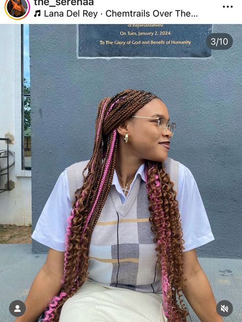 Brown and pink braids Brown Braids With Pink Peekaboo, Braids With Curls With Color, Box Braids With Pink, Chocolate Brown Braids, Braided Highlights, Brown And Blonde Box Braids, Brown And Pink Braids, Peekaboo Braids, Braids With Color